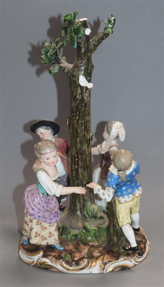 A 19th century Meissen centrepiece of children dancing around a tree height 29cm (a.f.)